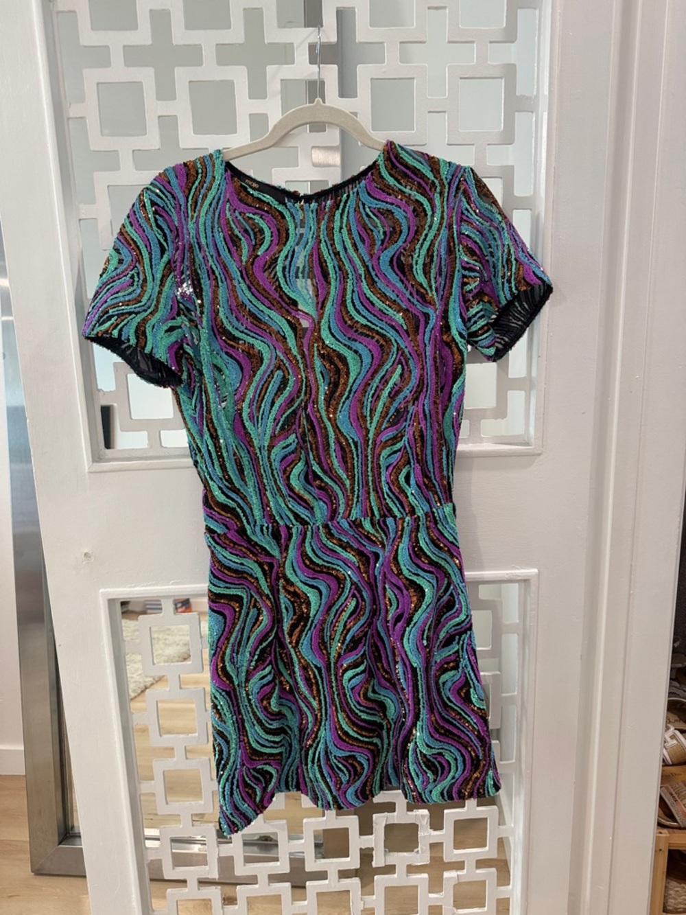 Maje Women's Short Sleeve Sequin Wave-Pattern Dress in Teal & Purple